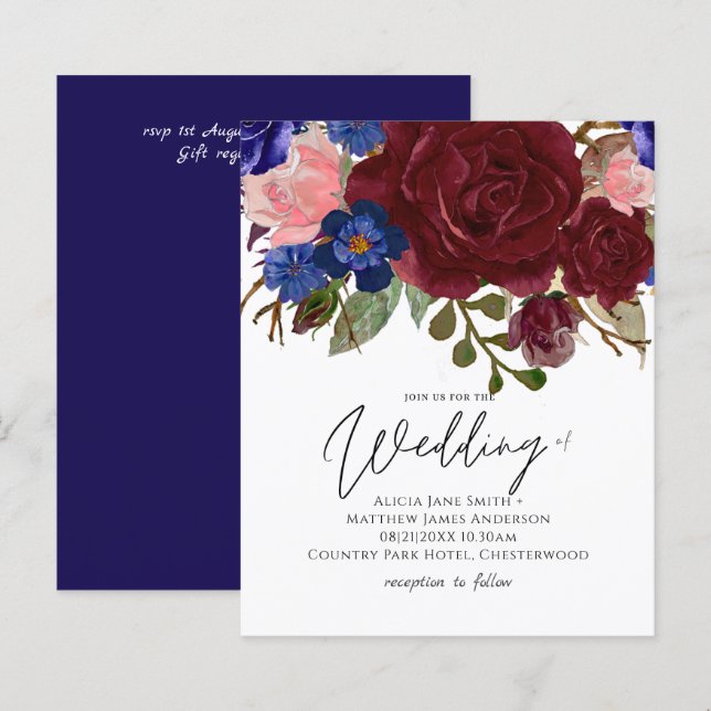 BUDGET Elegant Burgundy Blue Floral Wedding Invite (Front/Back)