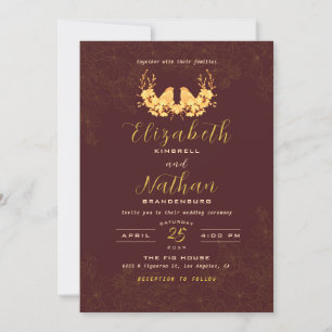 Budget Elegant Burgundy Gold Birds Wedding Invite