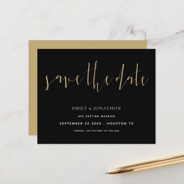 Budget Elegant Calligraphy Gold Black Save Date (Front/Back In Situ)
