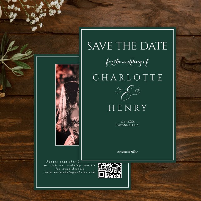 Budget Elegant Calligraphy Green Photo QR Code  Save The Date (Creator Uploaded)