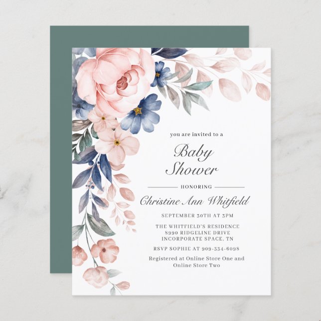 Budget Elegant Floral Baby Shower Invitation (Front/Back)