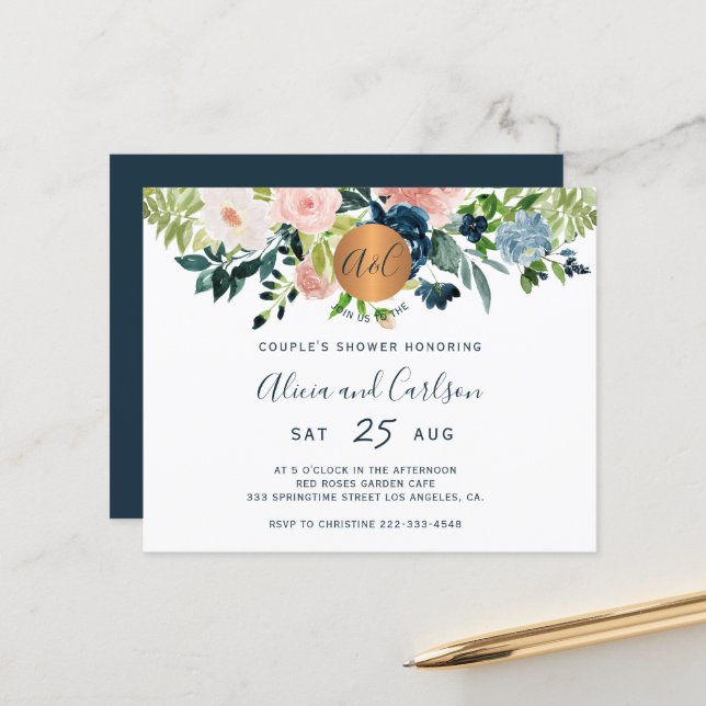 Budget elegant floral couples shower invitation (Front/Back In Situ)