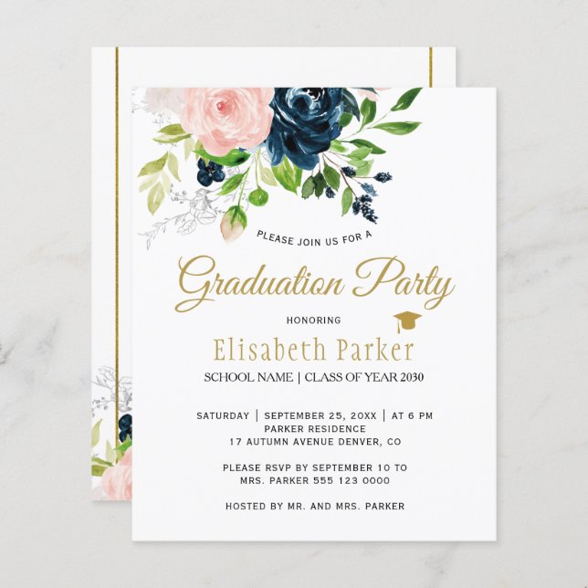 Budget elegant floral graduation party Invitation (Front/Back)