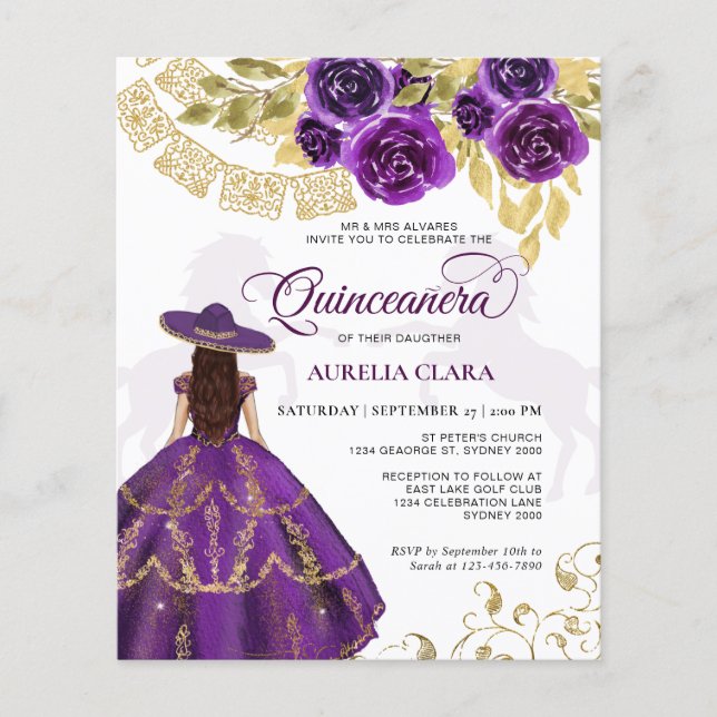 Budget Elegant Floral Purple Horse Quinceañera (Front)