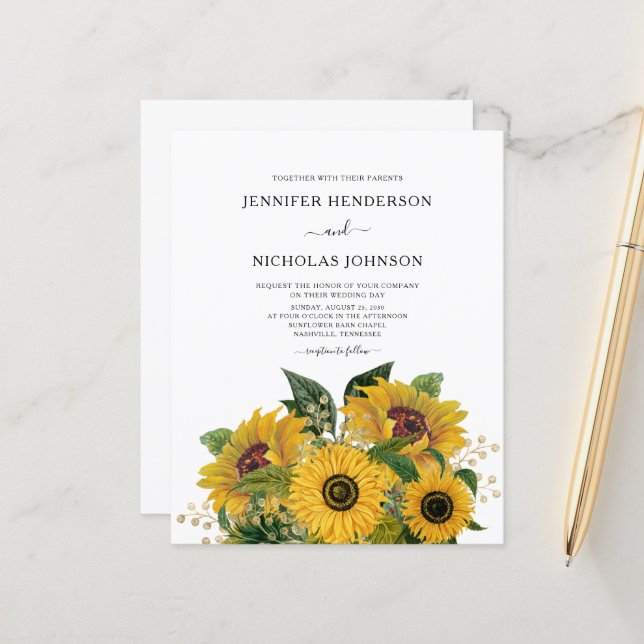 Budget Elegant Floral Sunflower Wedding Invitation (Front/Back In Situ)