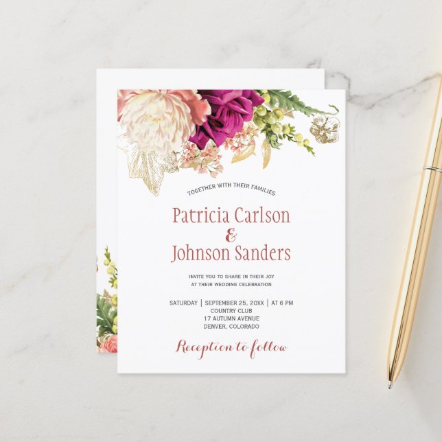 Budget elegant floral wedding invitation (Front/Back In Situ)