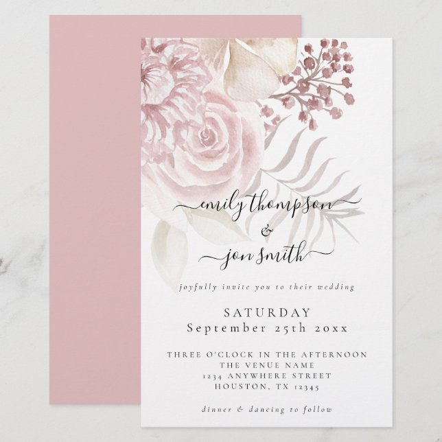 Budget Elegant Florals Script Pink Wedding Invite (Front/Back)