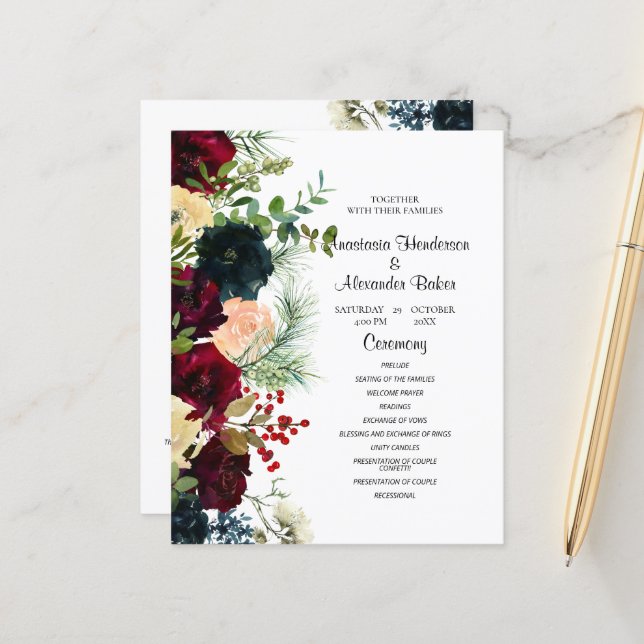 Budget Elegant Flowers Wedding Program. (Front/Back In Situ)