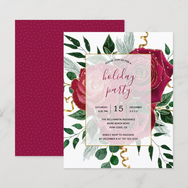 Budget Elegant Glam Red Roses Holiday Party Invite (Front/Back)