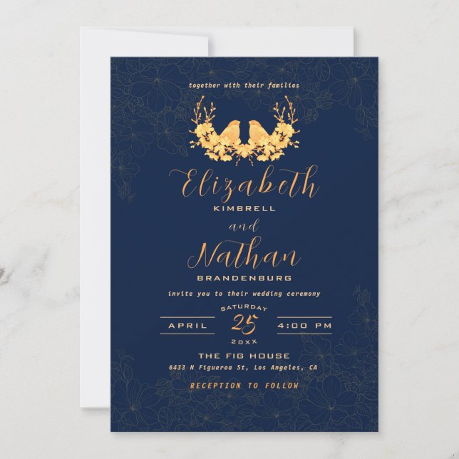Budget Elegant Gold Birds Navy blue Wedding Invite (Front)