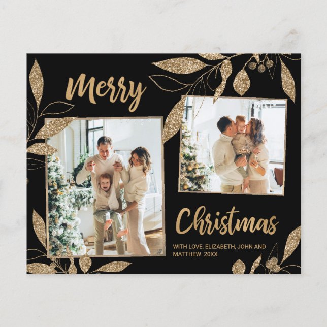 Budget Elegant Gold Feuilles 2 Photo Carte de Noël (Devant)