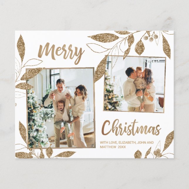 Budget Elegant Gold Leaves 2 Photo Christmas Card (Front)