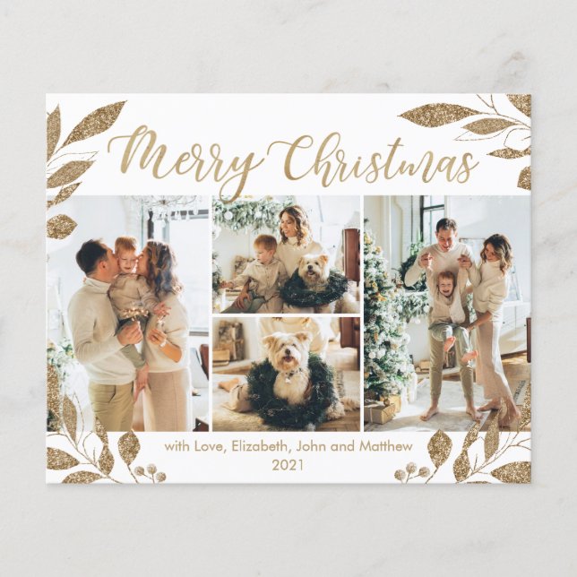 Budget Elegant Gold Leaves Photo Christmas Card (Front)