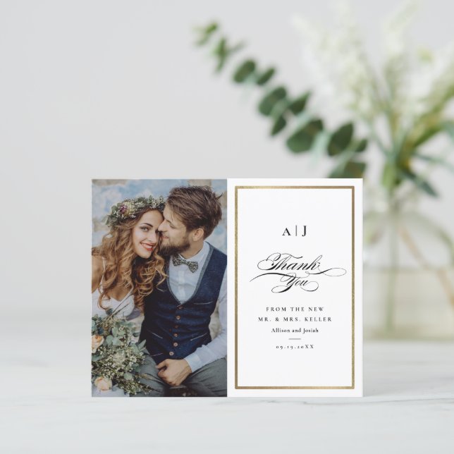 Budget Elegant Gold Photo Wedding Thank You Card (Standing Front)