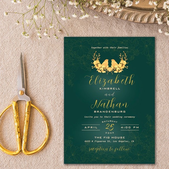 Budget Elegant Green Gold Birds Wedding Invite (Creator Uploaded)