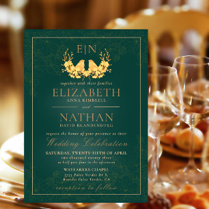 Budget Elegant Green Gold Monogram Wedding Invite