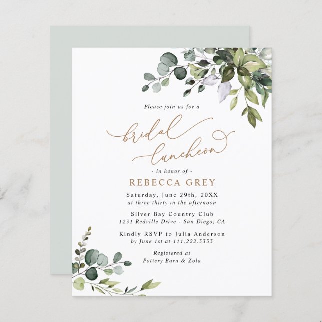 Budget Elegant Greenery Bridal Luncheon Invitation (Front/Back)