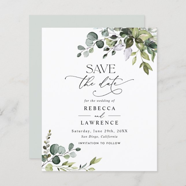 Budget Elegant Greenery Wedding Save the Date (Front/Back)