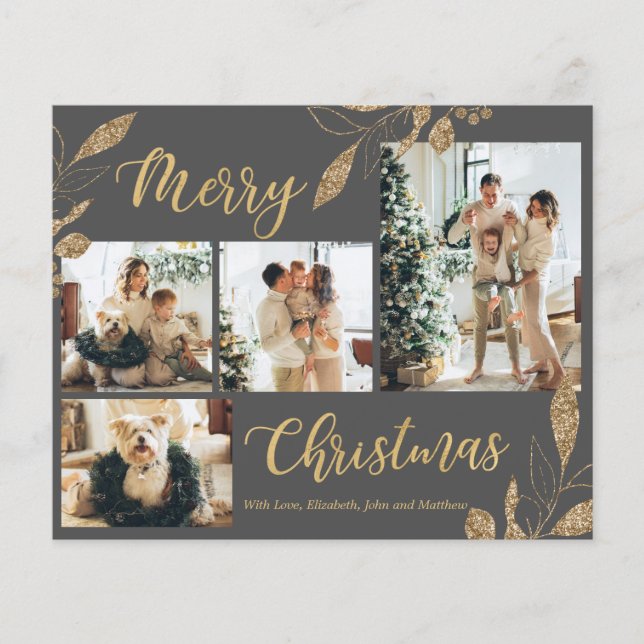 Budget Elegant Grey Gold Photo Christmas Card (Front)