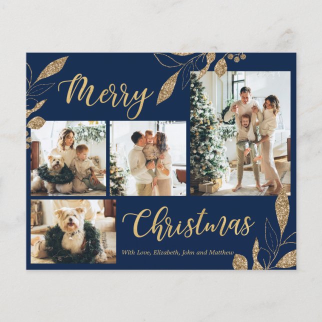 Budget Elegant Marine Blue Gold Photo Carte de Noë (Devant)