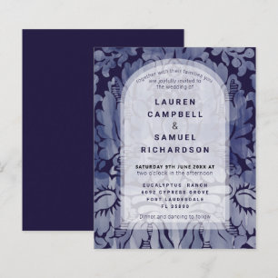 Budget Elegant Navy Blue Damask Wedding Invitation