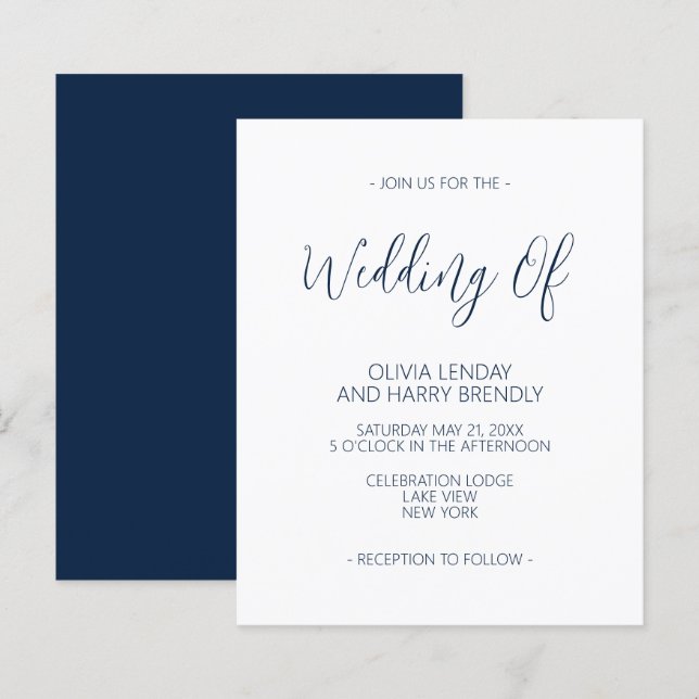 Budget Elegant Navy Blue White Wedding Invitation (Front/Back)