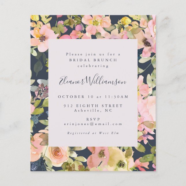 Budget Elegant Navy Floral Bridal Brunch Invite (Front)