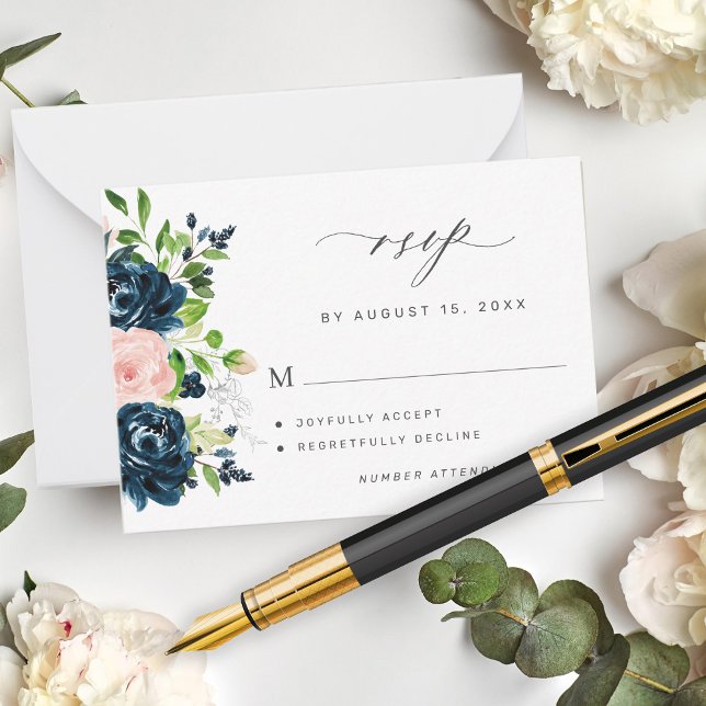 Budget elegant navy pink floral wedding mini RSVP Card (Creator Uploaded)