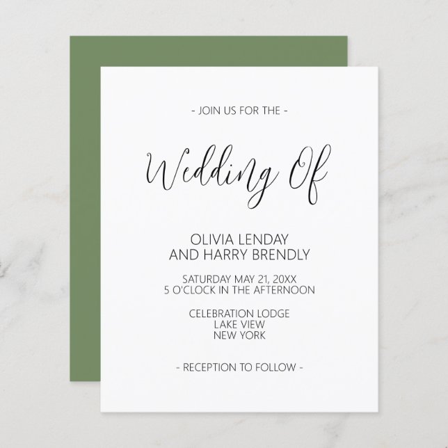 Budget Elegant Olive Green Wedding Invitation (Front/Back)