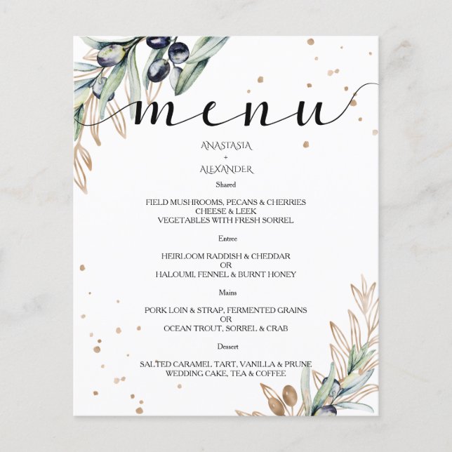 Budget Elegant Olive WEDDING MENU. Flyer (Front)