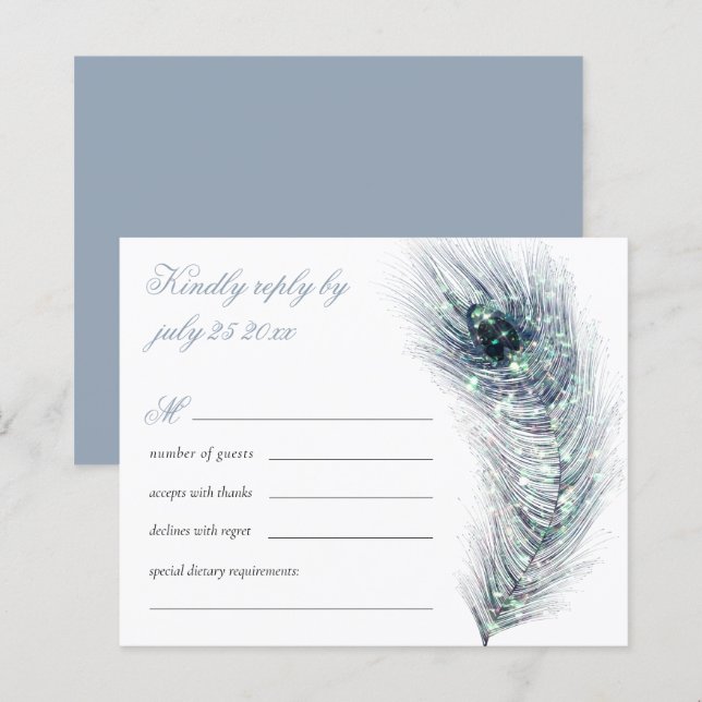 Budget Elegant peacock Feather Teal Wedding RSVP (Front/Back)