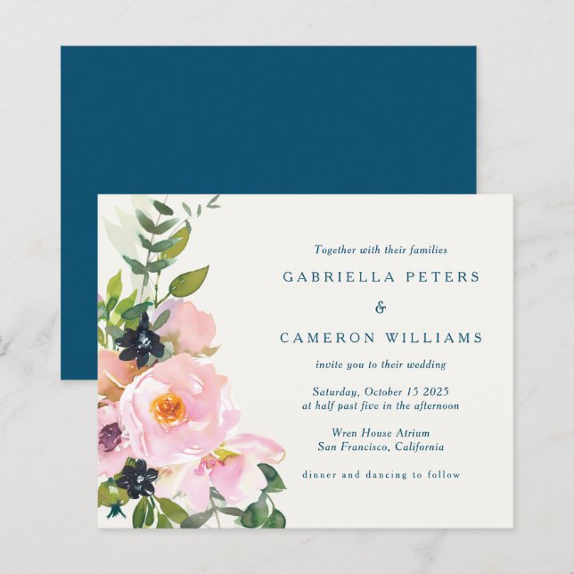 Budget Elegant Pink Blue Floral Watercolor Wedding (Front/Back)