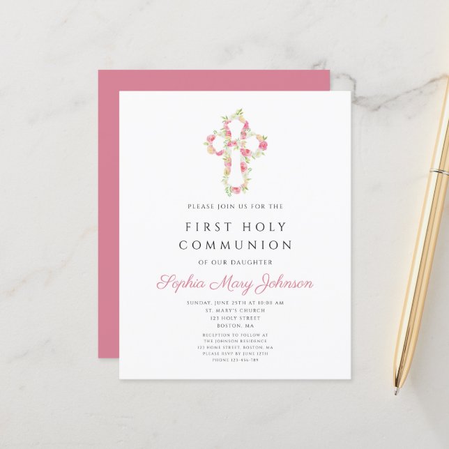 Budget Elegant Pink Floral Cross First Communion  (Front/Back In Situ)