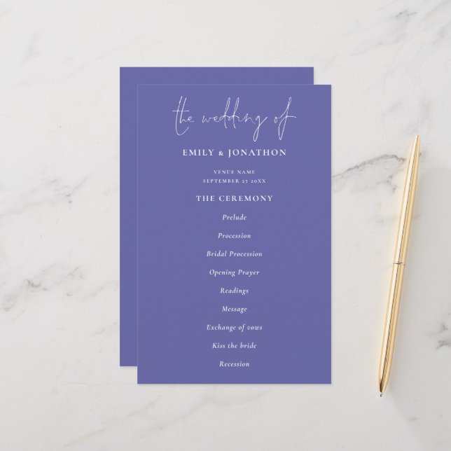 Budget Élégant programme de mariage bleu (Devant/Arrière en situation)
