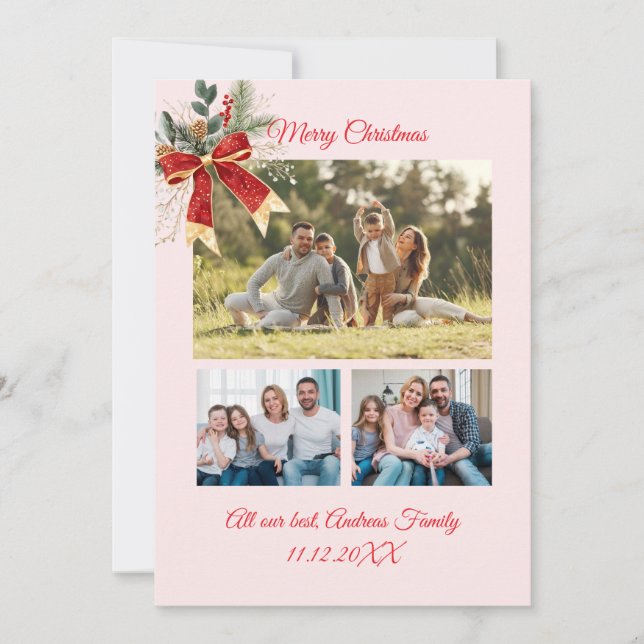 Budget Elegant Red Bow Christmas 4 Photo  Holiday Card (Front)