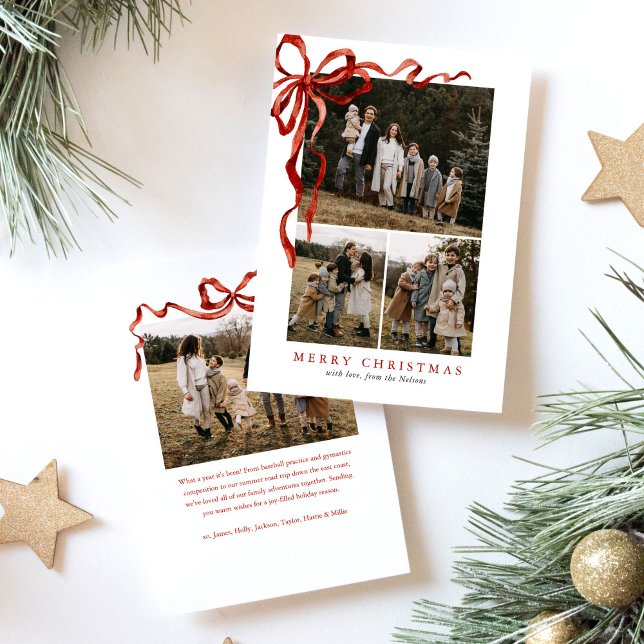 Budget Elegant Red Bow Christmas Four Photo Holiday Card (Creator Uploaded)
