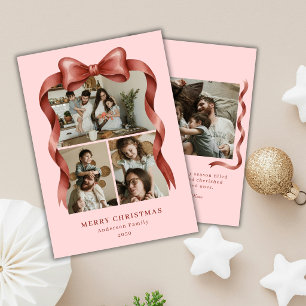 Budget Elegant Red Bow Christmas Four Photos Pink  Holiday Card