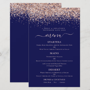 Budget Elegant Rose Gold Glitter Navy Wedding Menu