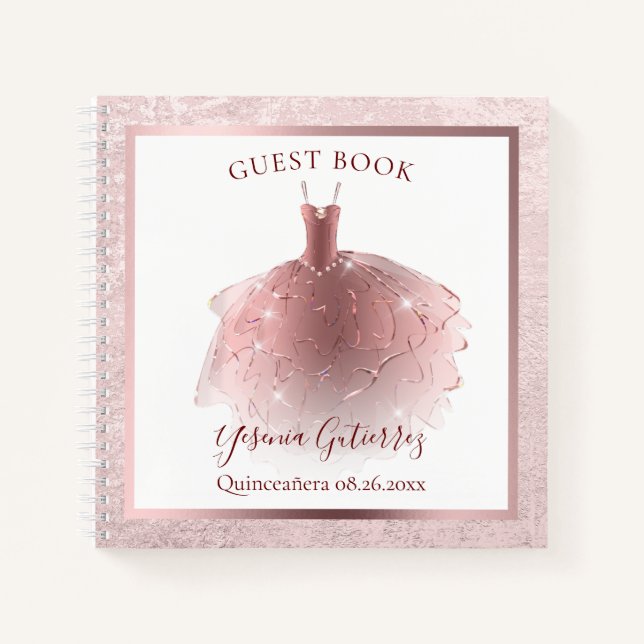 Budget Elegant Rose Gold Quinceañera Dress Guest Notebook (Front)