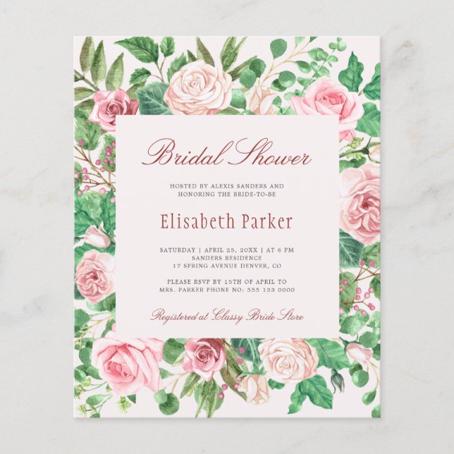 Budget elegant roses bridal shower invitation (Front)