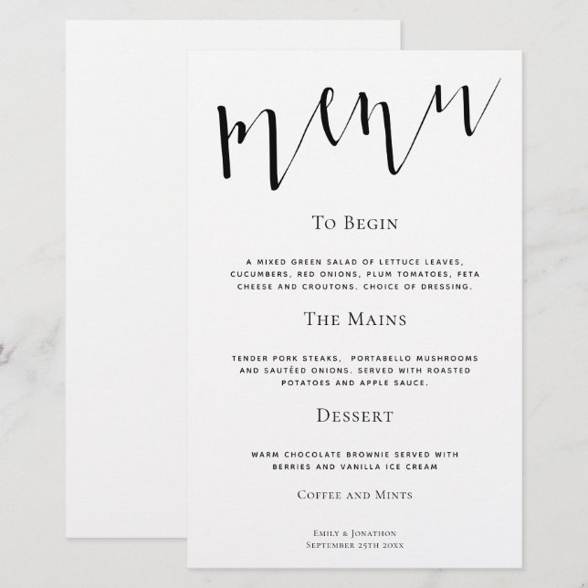 Budget Elegant Script Any Colour Wedding Menu (Front/Back)
