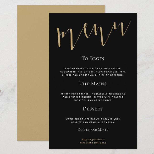 Budget Elegant Script Black Gold Wedding Menu (Front/Back)