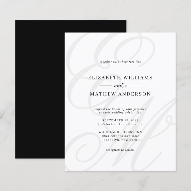Budget Elegant Script Black White Monogram Wedding (Front/Back)