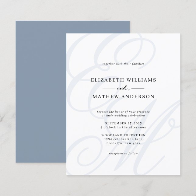 BUDGET Elegant Script Dusty Blue Monogram Wedding (Front/Back)