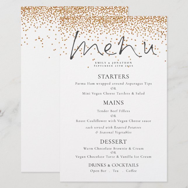 Budget Elegant Script Gold Glitter Wedding Menu (Front/Back)