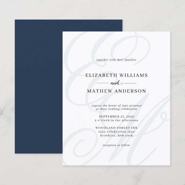 Budget Elegant Script  Navy Blue Monogram Wedding (Front/Back)