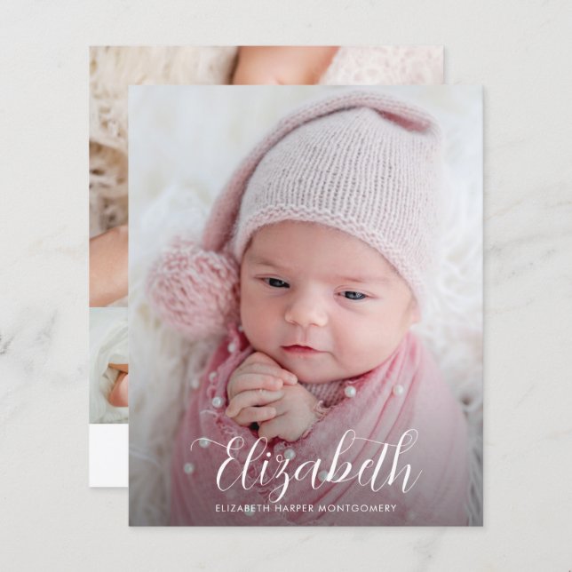 Budget Elegant Script Photo Birth Announcement (Front/Back)