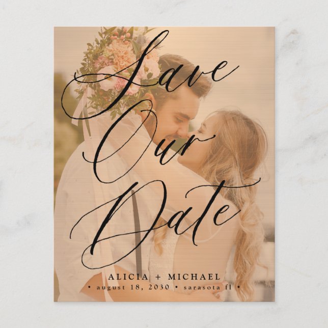 Budget elegant script photo wedding save the date (Front)