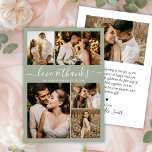 Budget Elegant Script Sage Photo Wedding Thank You Flyer<br><div class="desc">Budget Elegant Olive Green Wedding 5 Photo Collage Thank You personalized affordable low budget flyer. Modern wedding thank you template featuring five (5) photo on the front and one (1) photo on the back. On the front of paper "Love and thanks" typography script in a swirly hand lettered font type...</div>
