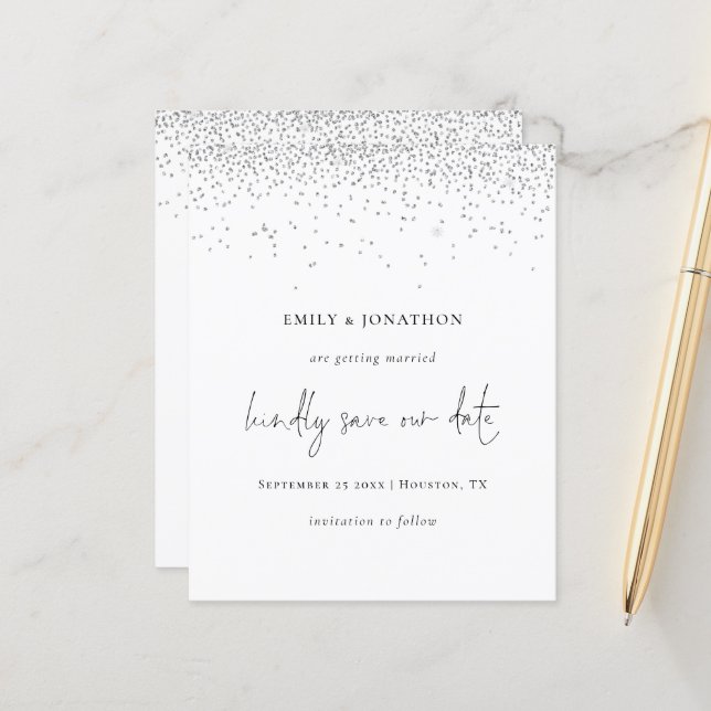 Budget Elegant Script Silver Glitter Save The Date (Front/Back In Situ)